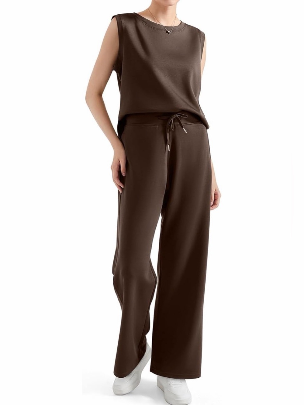 Relaxed Wide-Leg Drawstring Pants Set - Brown